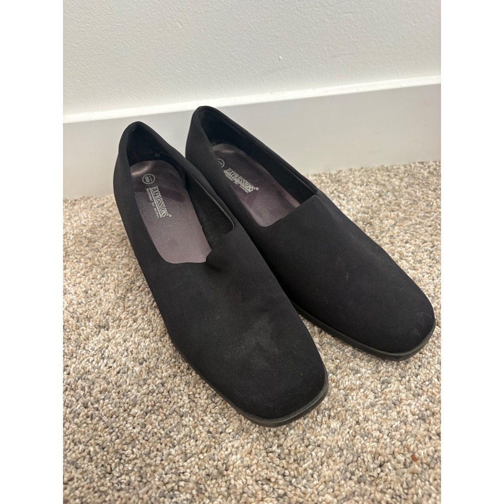Vintage Soft Expressions Black Suede Square-Toe Loafer Heels – Size 8.5